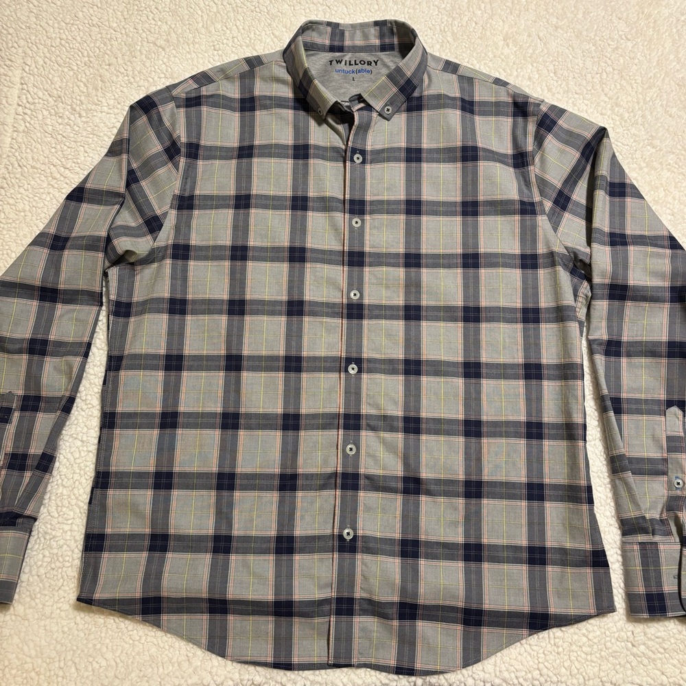 Twillory Men’s untuckable Shirt  - Blue and Gray Plaid Large